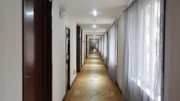 A hotel corridor with doors on both sides, a carpeted floor, and a long hallway.