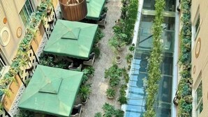 A rooftop terrace with multiple tables, chairs, and potted plants. - Rongda International Hotel (Yulin)