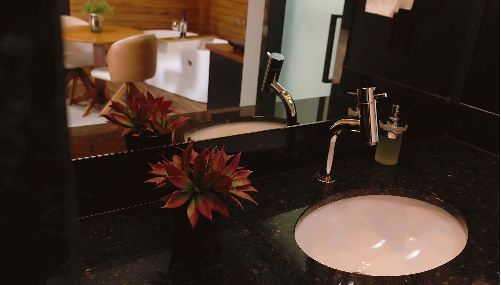 Un baño moderno con encimera negra, lavabo blanco y espejo que refleja un mueble de tocador de madera y una planta.