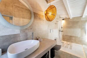 Shower, hair dryer, bidet, towels