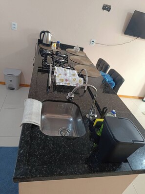 Fridge, microwave, stovetop, electric kettle