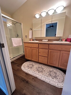 Shower, hair dryer, towels, soap
