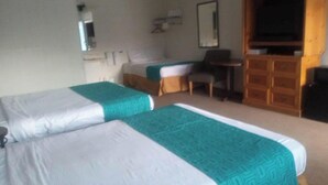 Ett hotellrum med två sängar, ett litet bord, en stol, en tv och en garderob.