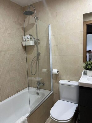 Hair dryer, towels, soap, toilet paper