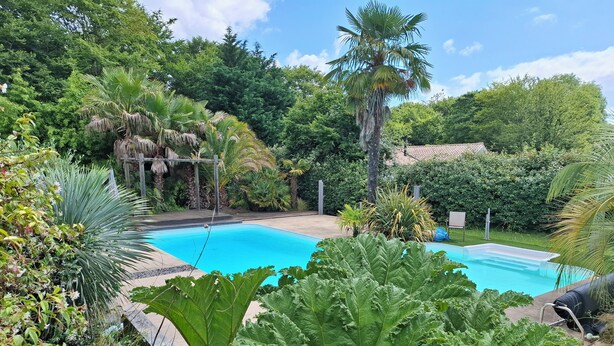 Ein Schwimmbecken, umgeben von üppiger Vegetation und einem Reetdachgebäude.