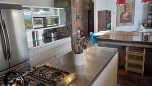 Une cuisine moderne équipée d’appareils électroménagers en acier inoxydable, d’une cuisinière à gaz et d’un grand îlot central doté d’un évier.