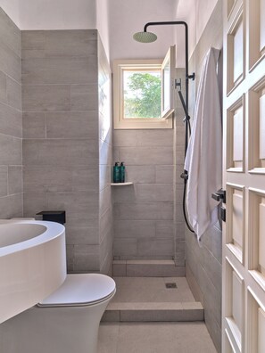 Ducha, secador de pelo, pantuflas, toallas