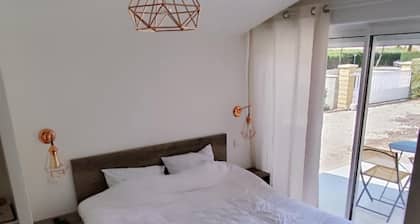 Country-style bedroom and bathroom