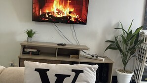 Un salon avec un téléviseur à écran plat fixé au mur, qui diffuse une image de cheminée. En dessous du téléviseur se trouve un meuble en bois servant de support, sur lequel est posée une plante. Un grand coussin orné d’une lettre bien visible se trouve au premier plan.