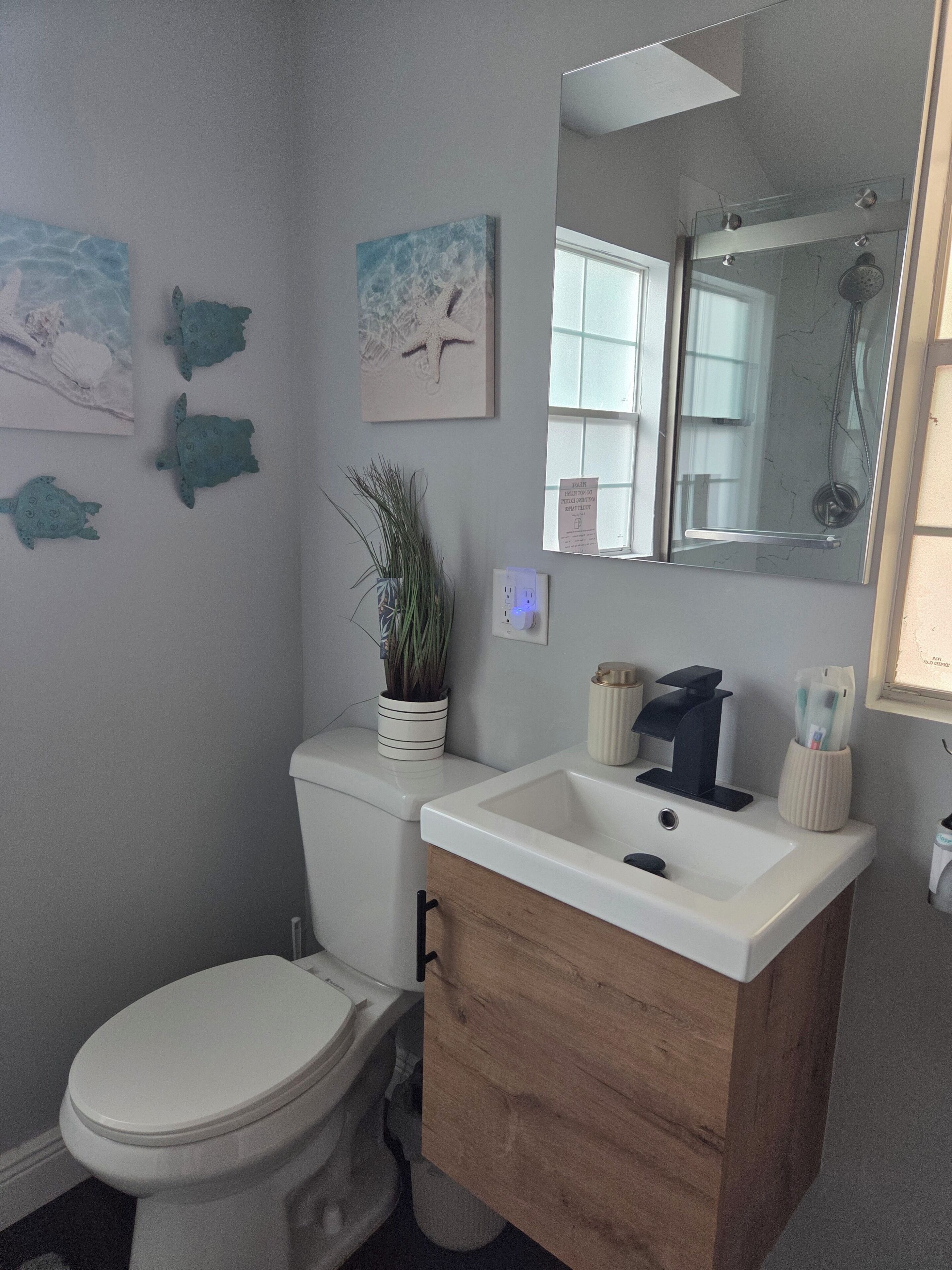 Un baño con inodoro blanco, tocador de madera con lavamanos, espejo y decoración de tortugas marinas y estrellas de mar.