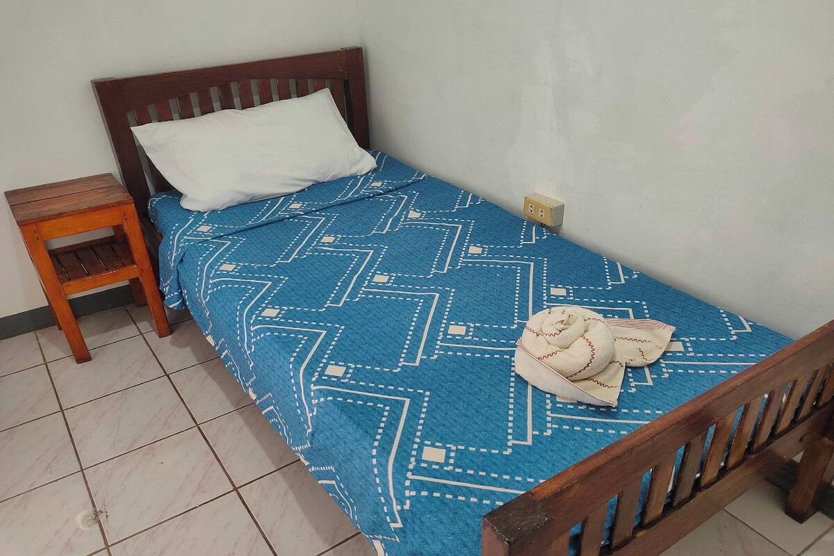 A single bed with a patterned blue bedspread and a white pillow. A wooden nightstand with a lamp is to the left.
