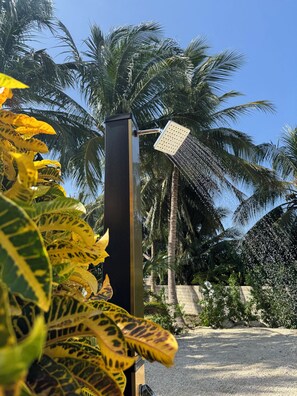A showerhead attached to a vertical structure, surrounded by palm trees and foliage.