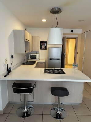 Departamento Deluxe, 1 cama matrimonial y sofá cama, para no fumadores, vista a la ciudad | Cocina privada | Refrigerador con congelador, microondas, horno y parrilla de estufa