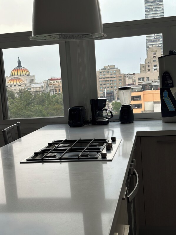 Departamento superior | Cocina privada | Refrigerador con congelador, microondas, horno y parrilla de estufa