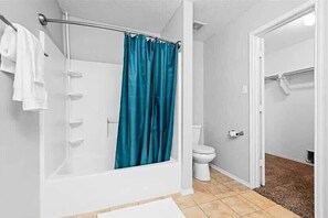 Shower, hair dryer, shampoo