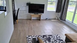 A living room with a flat-screen TV on a stand, a sofa, a coffee table, and a patterned rug. - 3 Bedroom House A 3 Frank St (Rotorua)