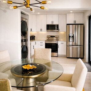 Fridge, microwave, oven, dishwasher