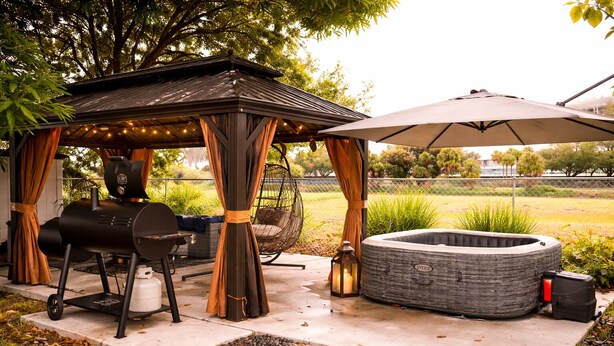 Eine Außenpatio mit Grill, Whirlpool und überdachter Sitzgruppe mit Lichterkette.