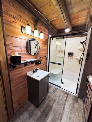 Dusche, Haartrockner, Handtücher, Seife