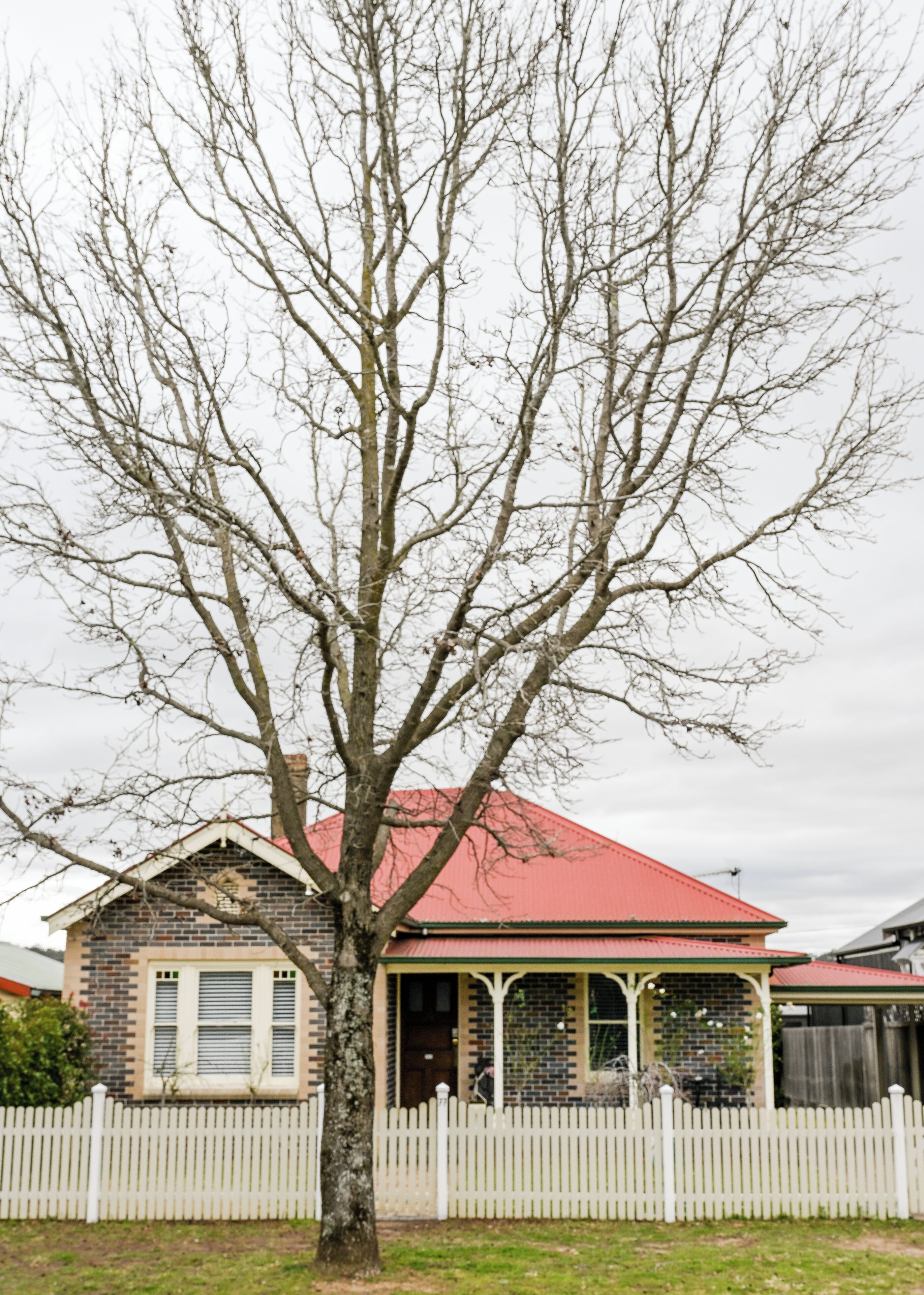 A house with a red roof, a white picket fence, and a tree in front.