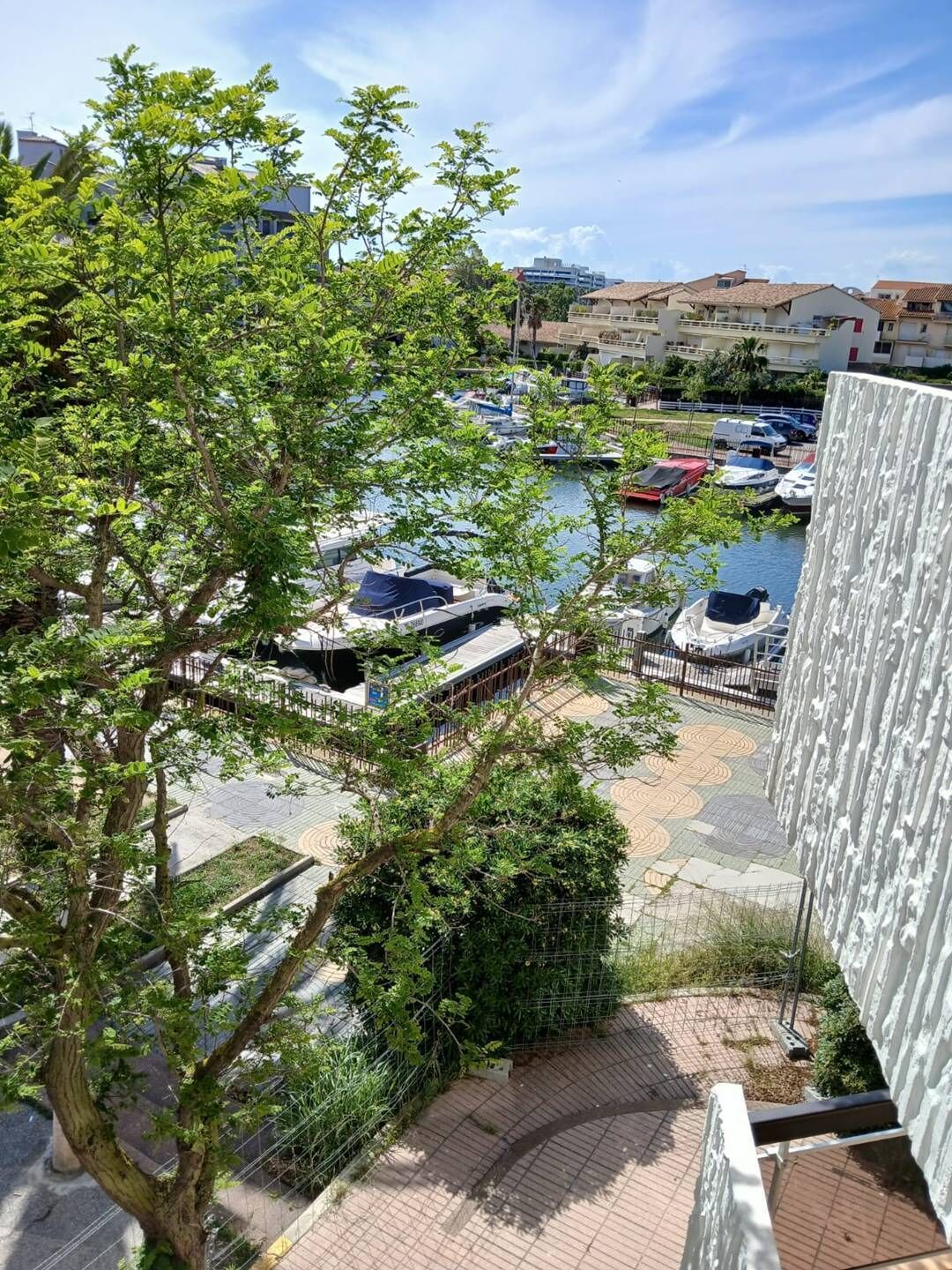 Een jachthaven met aangemeerde boten, omringd door groen en gebouwen op de achtergrond.