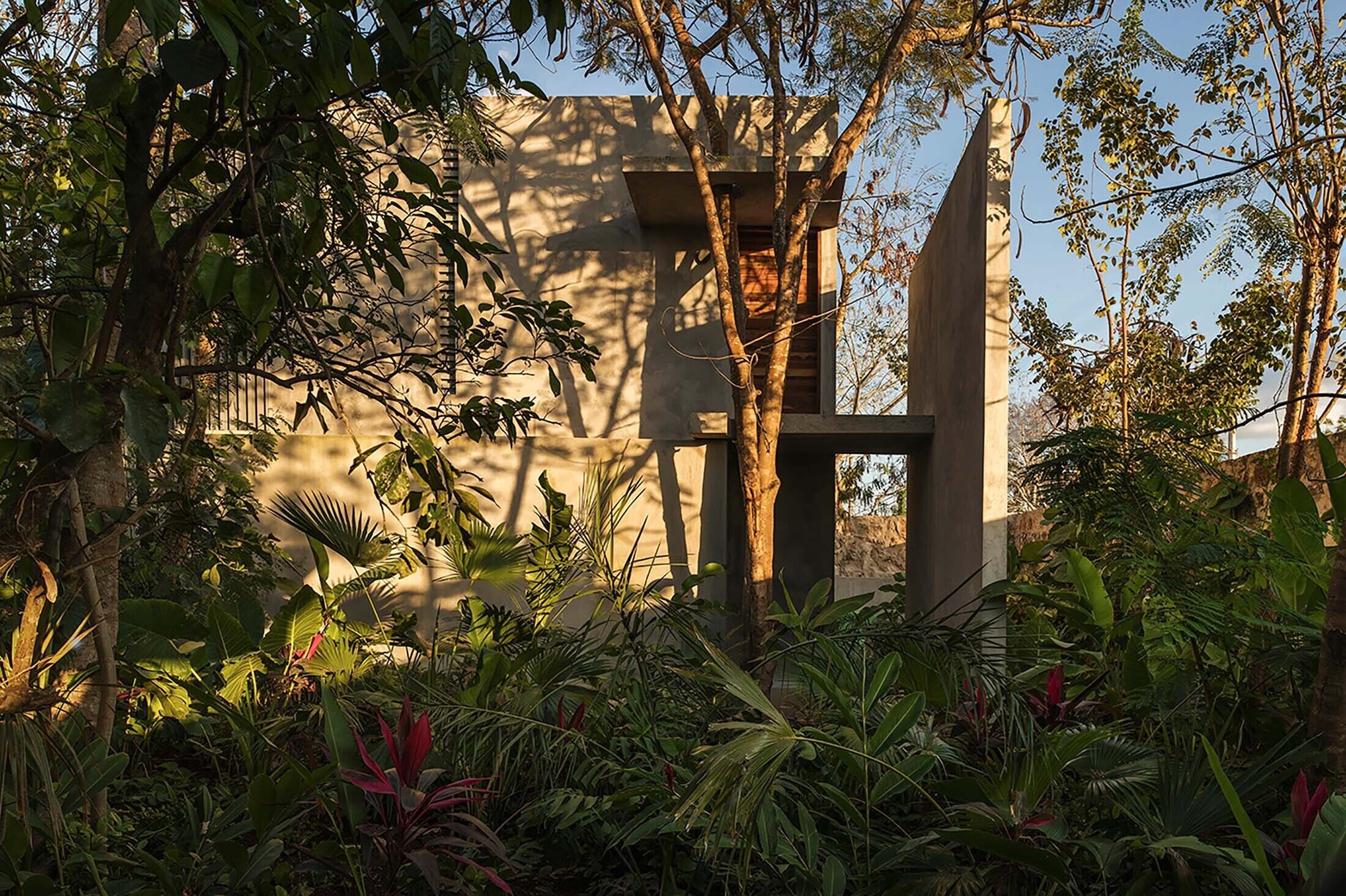 A modern building with a minimalist design, surrounded by lush tropical vegetation.