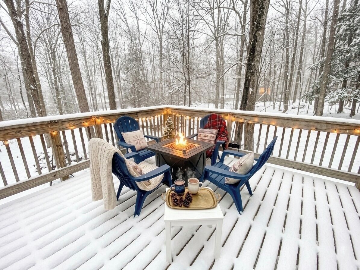 Une terrasse avec un foyer, des chaises et une table préparée pour un dîner à deux, avec des boissons.