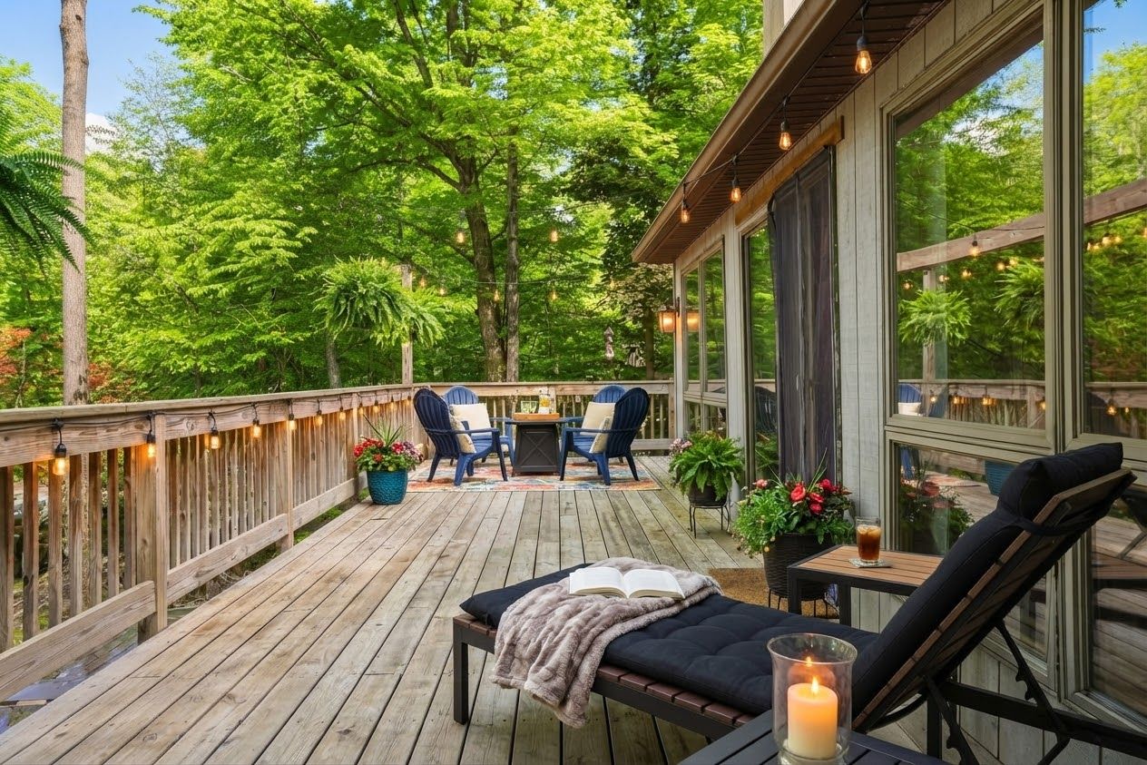 A wooden deck with outdoor furniture, a table, and chairs.