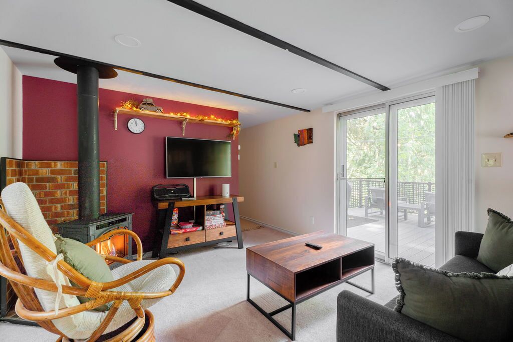 Smart TV, fireplace, books