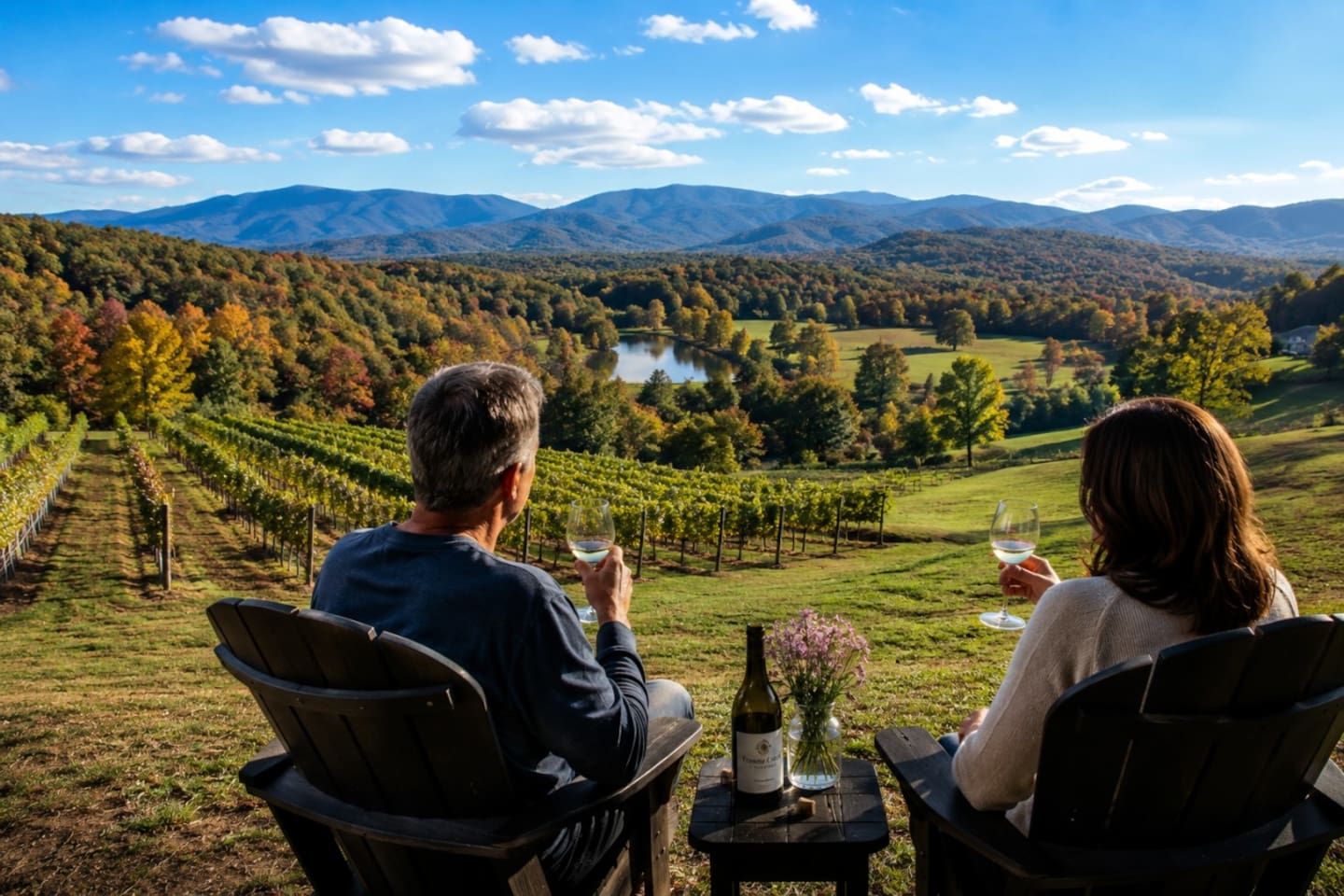 Two people seated at a table with a bottle of wine and a glass, overlooking a vineyard and a lake with mountains in the background.