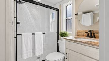 Un baño moderno con ducha envuelta en vidrio, inodoro, lavabo con espejo y una planta en maceta.
