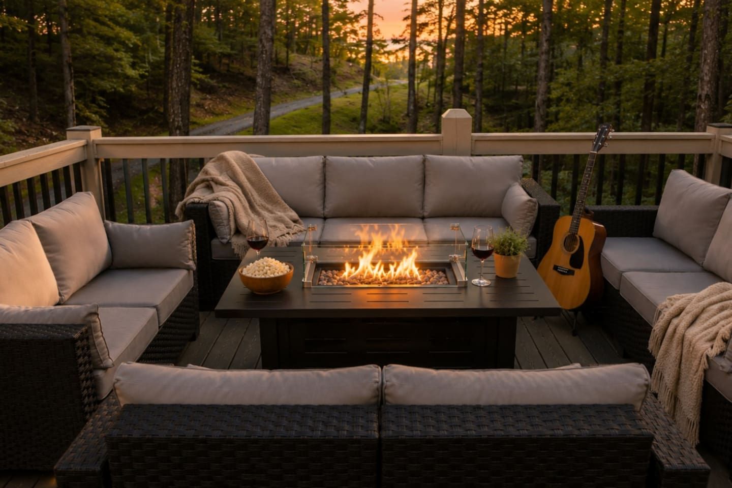 Una terraza con un brasero, asientos y una guitarra.