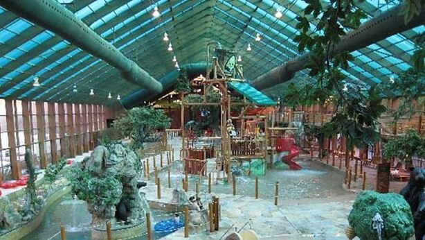 An indoor water park with slides, artificial trees, and a large glass ceiling.