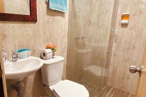 Dusche, Haartrockner, Handtücher, Seife