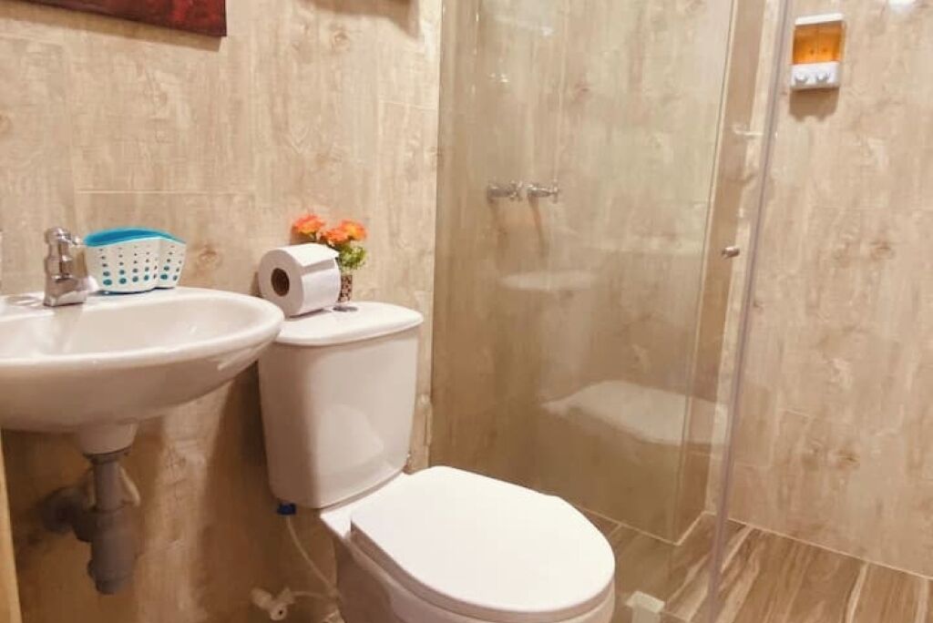 Regadera, secadora de cabello, toallas, jabón 