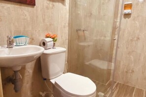 Shower, hair dryer, towels, soap