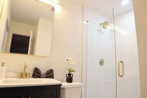 Shower, hair dryer, shampoo