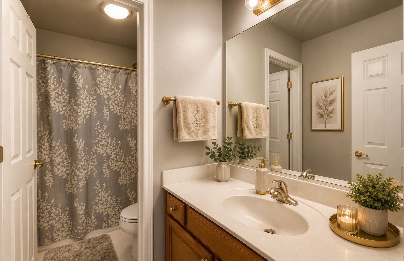 A bathroom with a shower curtain, toilet, sink, mirror, and a potted plant.