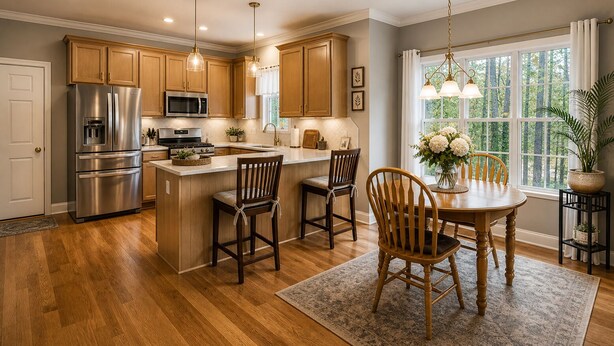 Una cocina con armarios de madera, electrodomésticos de acero inoxidable y una zona de comedor con mesa y sillas.