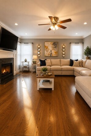 A living room with a fireplace, a sofa set, a coffee table, and a ceiling fan.