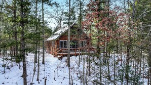 A cabin surrounded by trees and snow. - Cozy 3-bedroom cabin on the Pere Marquette River (Baldwin)