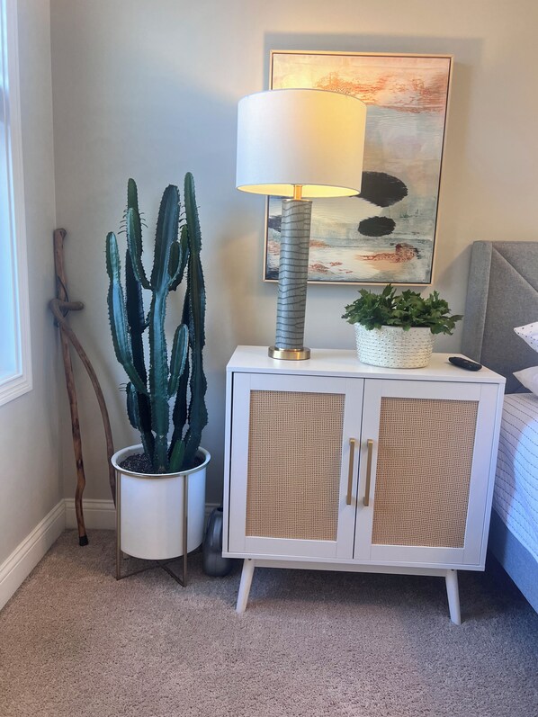 Un rincón con un mueble blanco, una planta de cactus, una lámpara y un cuadro en la pared.