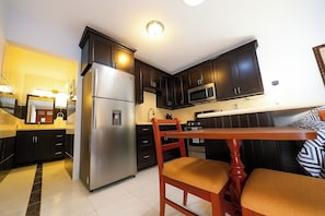 Fridge, microwave, coffee/tea maker, toaster