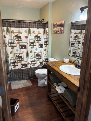 A bathroom with a rustic design, featuring a wooden vanity, a white sink, and a toilet. - 4-bed Cabin- ATV/UTV trail access from the driveway with a bar/covered patio (Crivitz)