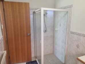 Shower, hair dryer, bidet, towels