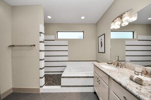 Hair dryer, towels, soap, shampoo