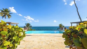 A pool with a view of the ocean, surrounded by palm trees and a wooden deck.