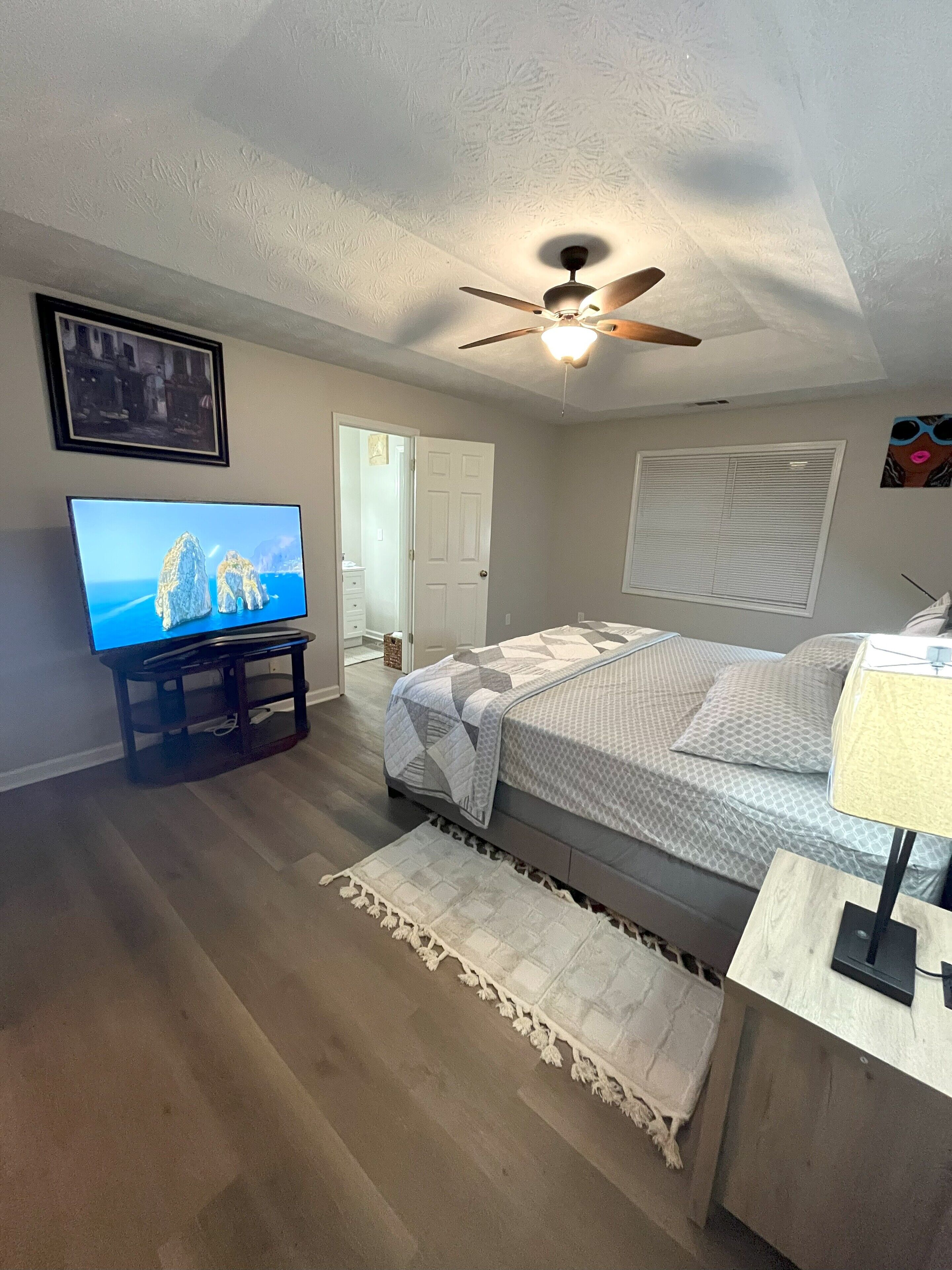Une chambre à coucher avec un lit, un ventilateur de plafond, une télévision et une fenêtre avec des stores.