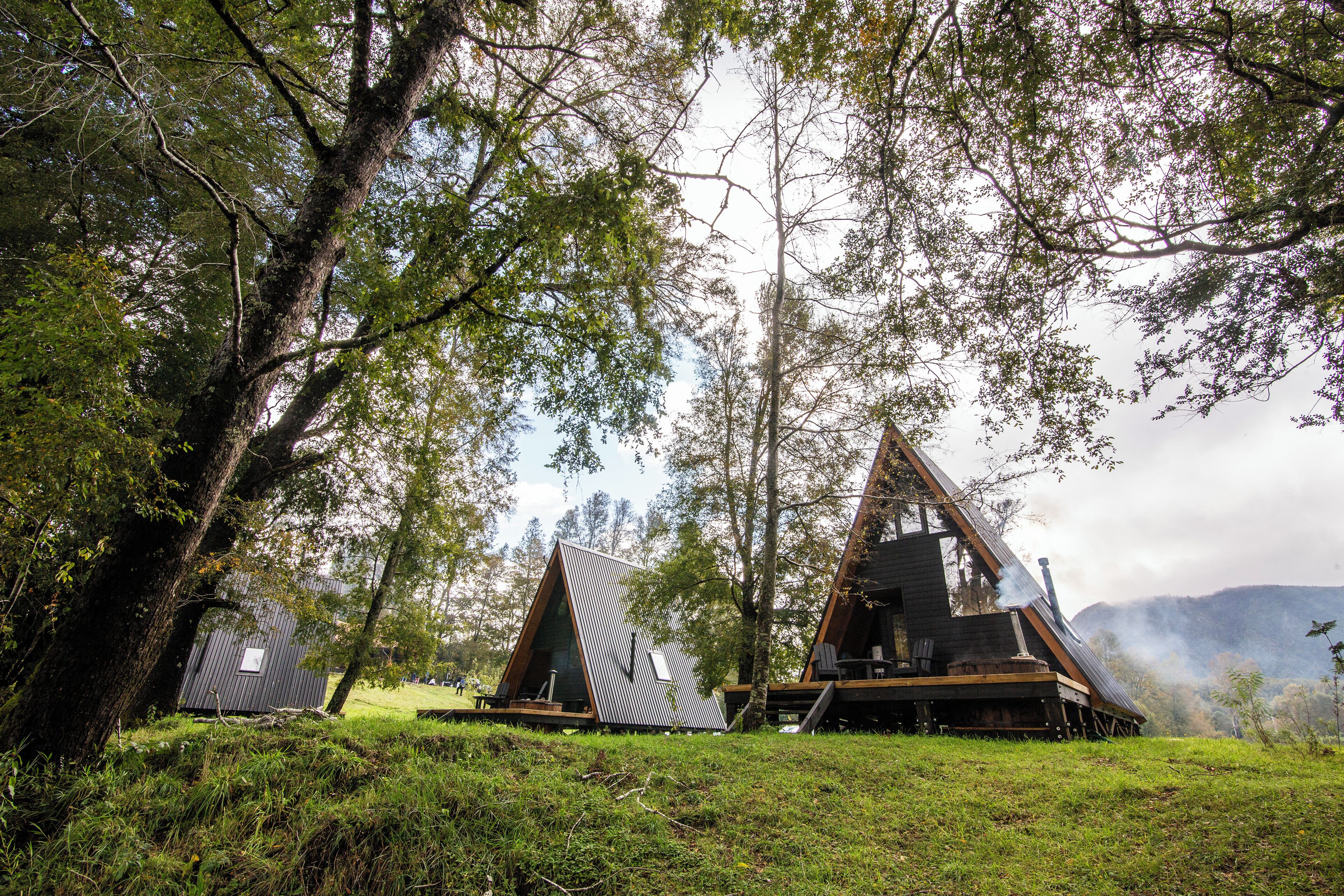 A rustic cabin with a triangular roof, surrounded by lush greenery and trees.