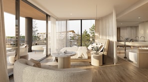 Ein modernes Wohnzimmer mit einer Couch, einem Couchtisch und Blick auf die Stadt durch große Fenster.